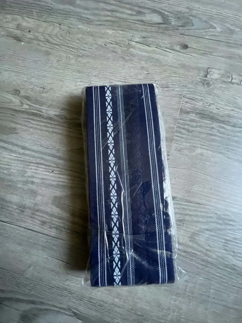 Japanese Traditional Navy Blue Kaku Obi Kimono Belt with White Geometric Pattern